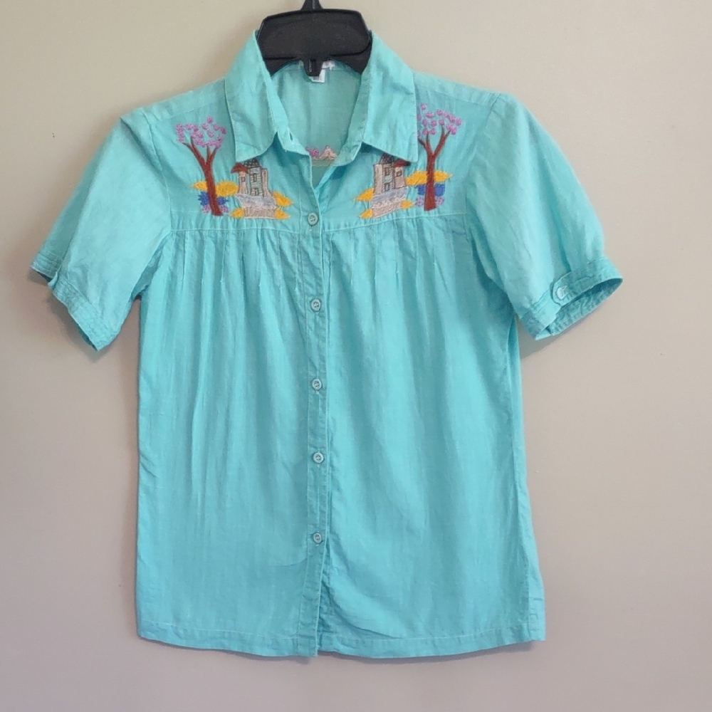Girls Sz M Button Up Blouse Embroidered Pink Tree Boho Western  Cottage Cotton